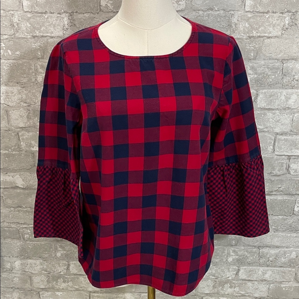 J.Crew Mercantile Red Buffalo Plaid Bell Sleeve Blouse